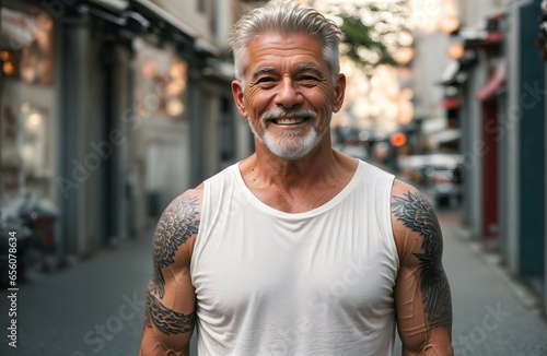 Portrait of handsome elderly tattooed caucasian man in plain white shirt and grey hair, fashion background, people banner with copy space text, template 
