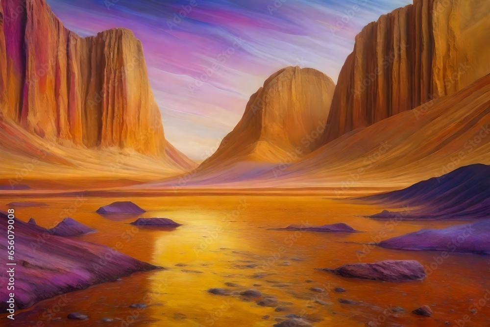 An oil painting of a science fiction Mars landscape, sandy and rocky purples, yellows, symmetrical composition - AI Generative