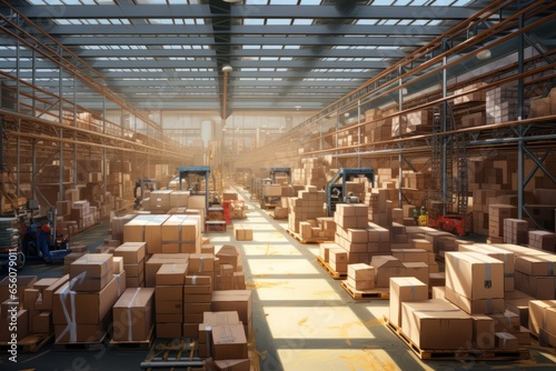 Cardboard boxes and pallet trucks in the shipping center of a large logistics company Generative Ai © Moonpie