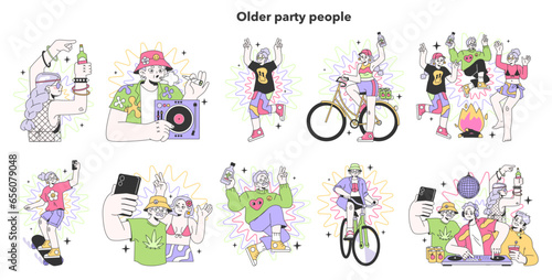 Mature characters dancing and drinking alcohol at festival campsite set.