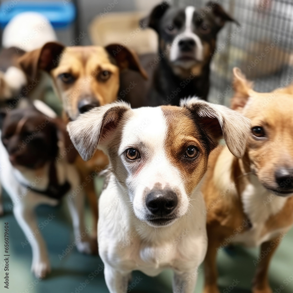 Dogs in shelter. Adoption Campaigns, attention to animals in need of a new home. Veterinary Services, related to pet health and well-being. Protection and care of pets