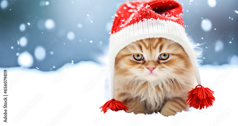 A funny kitten is wearing a red Santa Claus hat with a winter landscape with falling snow on a background. Cute cat in Santa costume. Christmas and 2024 New Year Holidays A funny kitten is wearing a red Santa Claus hat with a winter landscape with falling snow on a background. Cute cat in Santa costume. Christmas and 2024 New Year Holidays
