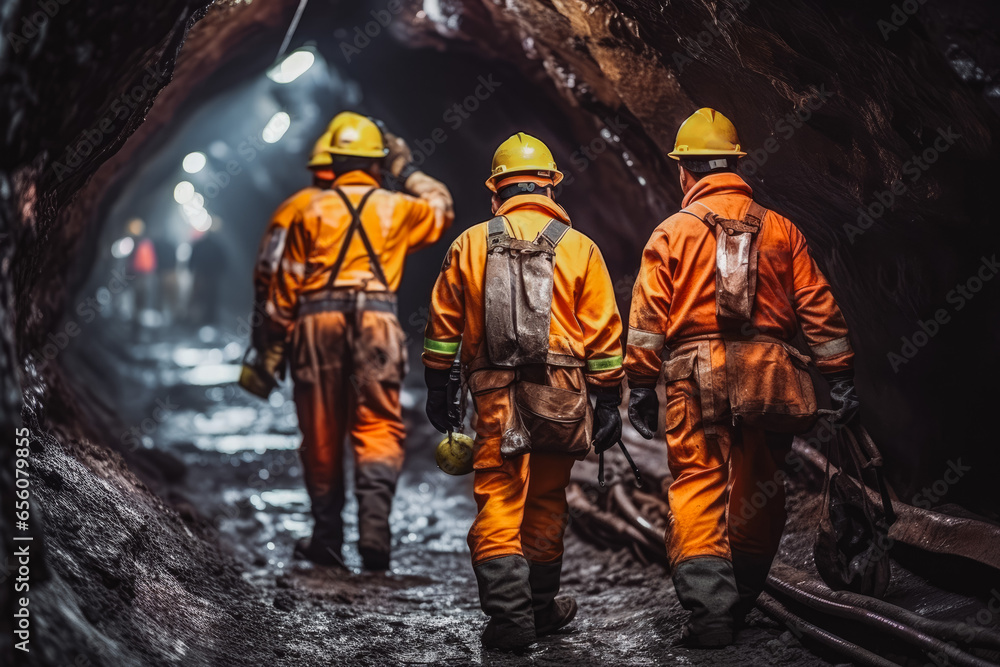 A team construction workers waking through tunnel while wearing full safety gear with helmet, safety in work place A team construction workers waking through tunnel while wearing full safety gear with helmet, safety in work place