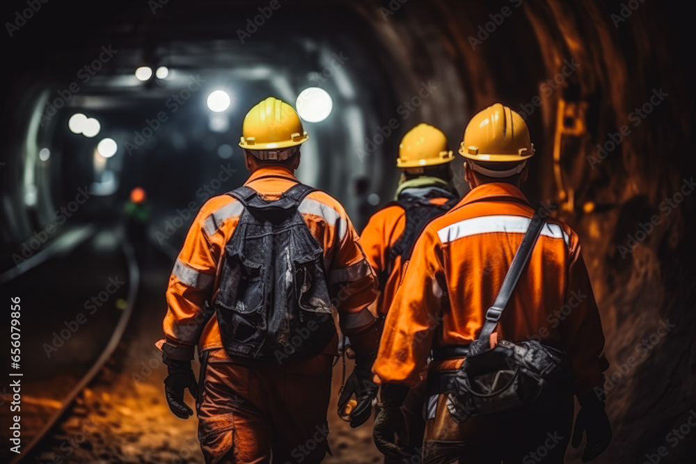 A team construction workers waking through tunnel while wearing full safety gear with helmet, safety in work place A team construction workers waking through tunnel while wearing full safety gear with helmet, safety in work place