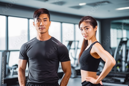 Beautiful young asian woman working out in the gym with her personal trainer, healthy active living with sports and gym time