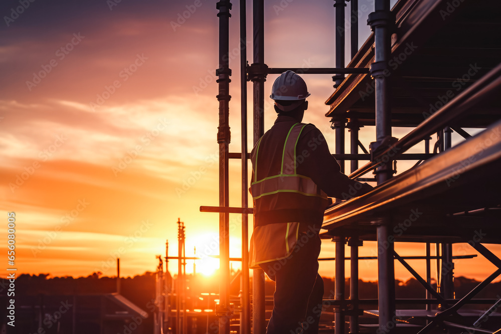 Engineer standing on scaffolding with safety vest and helmet and looking at beautiful sunset in the background, construction side Engineer standing on scaffolding with safety vest and helmet and looking at beautiful sunset in the background, construction side