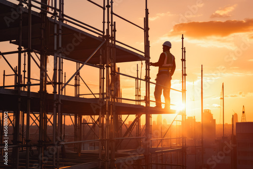 Engineer standing on scaffolding with safety vest and helmet and looking at beautiful sunset in the background, construction side