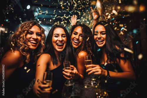 Portrait of happy group of friends celebrating on new years eve, smiling and partying with friends, fun night out with girls