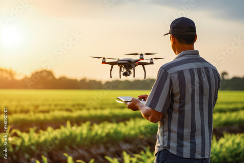 Man using drone with the remote control on technological tablet, drone flying over green fields and filming it while being controlled by man