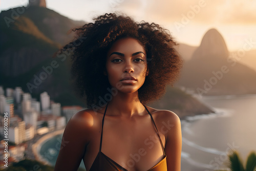 Mulher Negra Brasileira Radiante com Praia ao Fundo photo