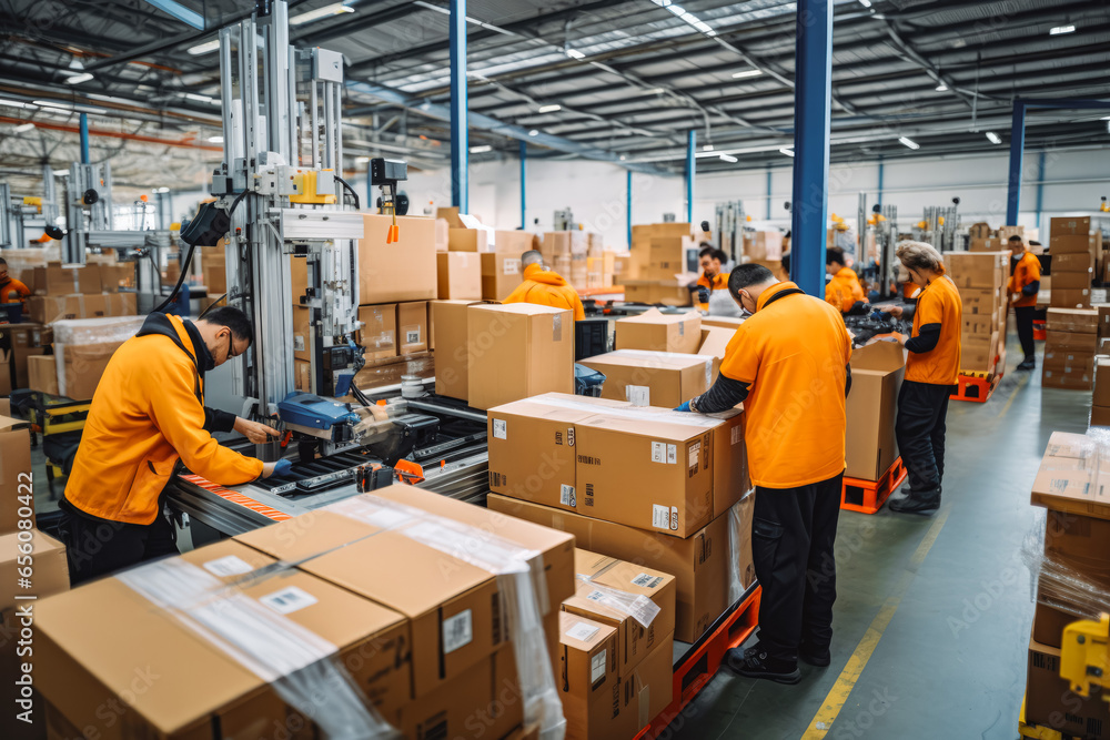 Fototapeta premium Warehouse workers optimizing package handing for delivery, workers sorting out delivery package for post office delivery