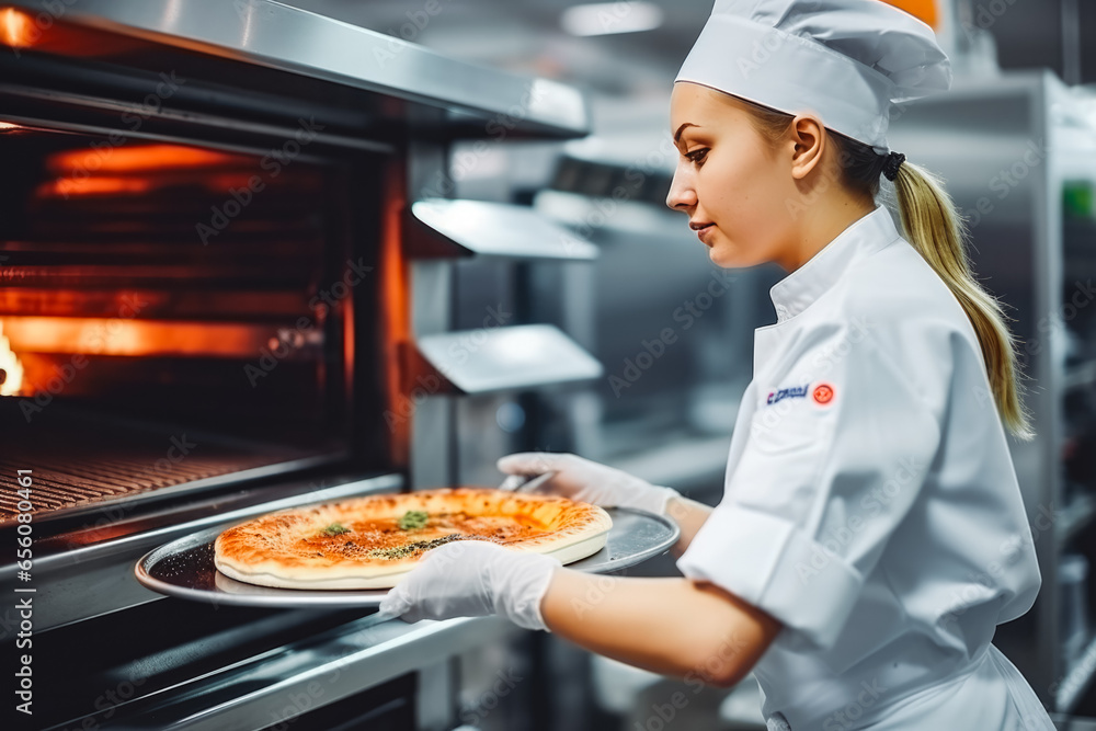 Female chef in white uniform preparing pizza in top restaurant, delicious pizza ready to be served to a customer in a pizza shop Female chef in white uniform preparing pizza in top restaurant, delicious pizza ready to be served to a customer in a pizza shop