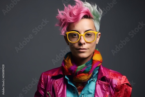 Fashionable young woman with pink hair and colorful glasses. Studio shot.
