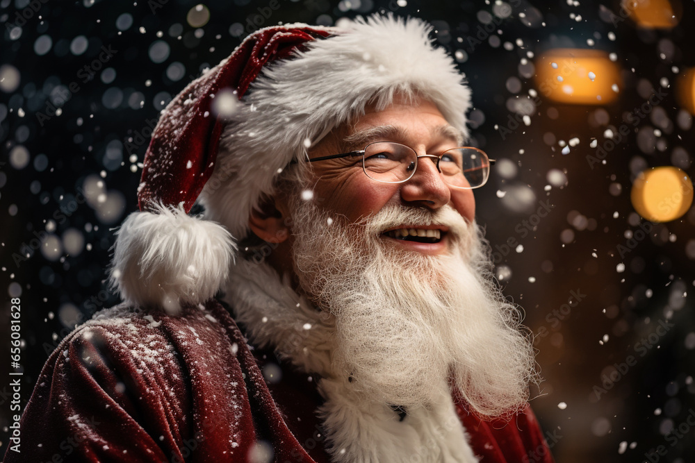 Santa Claus, Father Frost, old man dressed in red with white beard and sack of presents. Merry Christmas, coming down the chimneys or arriving on a reindeer at night. winter, snow, december. Santa Claus, Father Frost, old man dressed in red with white beard and sack of presents. Merry Christmas, coming down the chimneys or arriving on a reindeer at night. winter, snow, december.