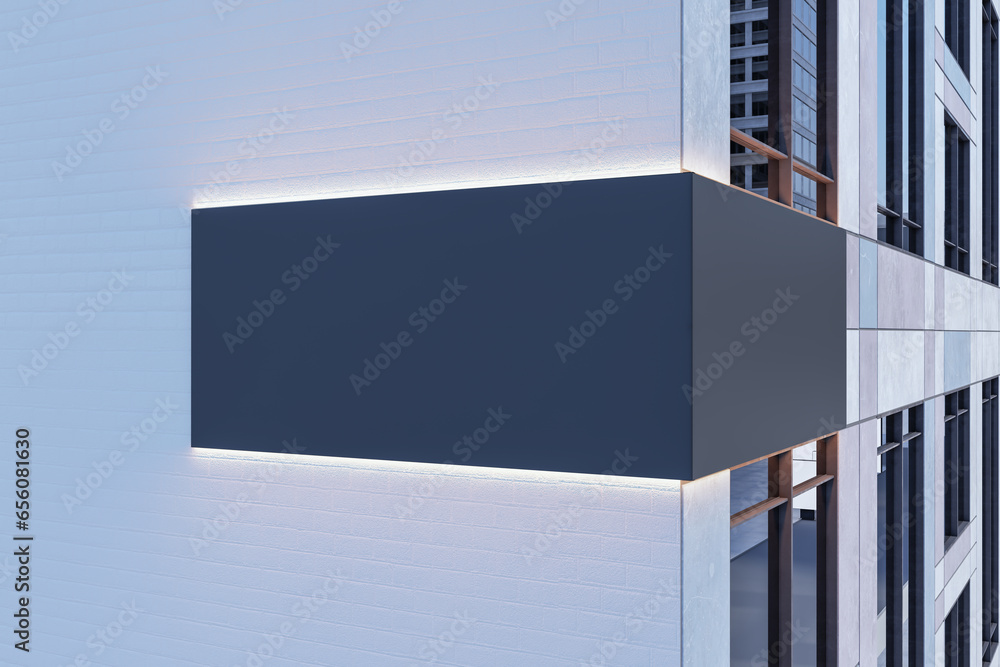Illuminated black banner with mock up place for advertisement on concrete building exterior. 3D Rendering. Illuminated black banner with mock up place for advertisement on concrete building exterior. 3D Rendering.