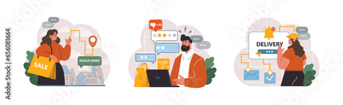 E-commerce set. Online shopping, character purchasing goods on a website