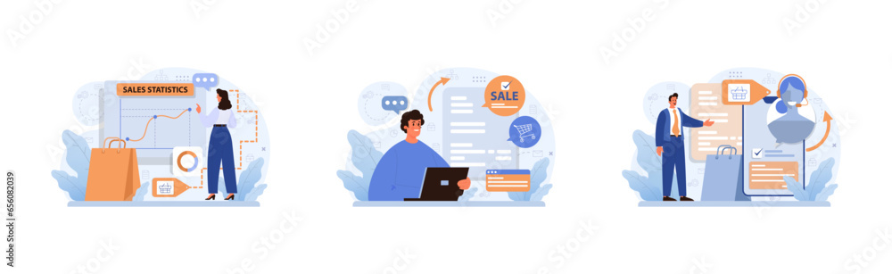 E-commerce set. Online shopping, character purchasing goods on a website E-commerce set. Online shopping, character purchasing goods on a website