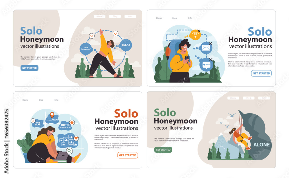 Solo travel, honeymoon web banner or landing page set. Female character Solo travel, honeymoon web banner or landing page set. Female character