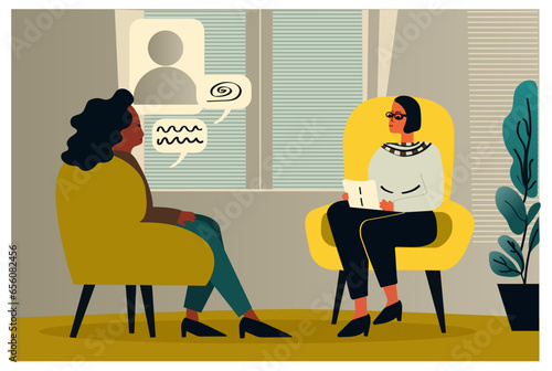 Psychotherapist talking to a patient. Vector illustration in flat style