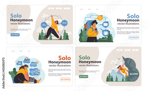 Solo travel, honeymoon web banner or landing page set. Female character