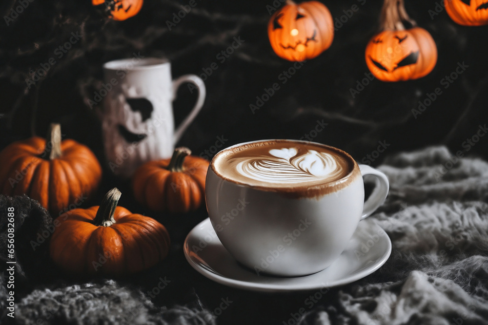 halloween still life with latte, decorations and pumpkins , holiday background halloween still life with latte, decorations and pumpkins , holiday background