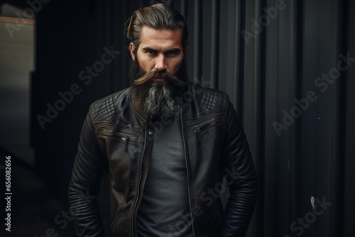 Bearded brutal caucasian hipster with moustache in black leather jacket