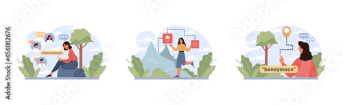 Solo travel, honeymoon set. Female character traveling alone.