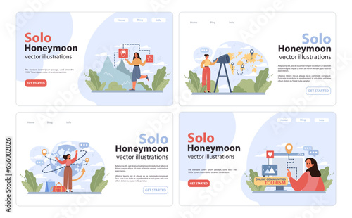 Solo travel, honeymoon web banner or landing page set. Female character