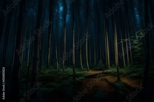 Scattered Trees in the Woods with luminous light of moon - AI Generative