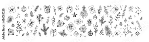 Big set of Merry Christmas snd Happy New Year decoration. Christmas tree branches, mistletoe, poinsettia flower, balls, angel figure, stars in sketch style. Design for greeting cards, certificates