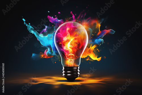 Light bulb in the dark with colorful explosions