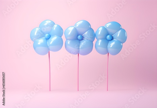 Beautiful 3d inflated flowers, from balloons isolated on pastel color pink, purple background. The festive character, modern, trendy, cute, eco photo