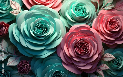 Floral trendy abstract colorful background with 3d paper roses  bouquet  botanical background  bridal paper flowers  pattern  papercraft  candy pastel colors  bright hue pa