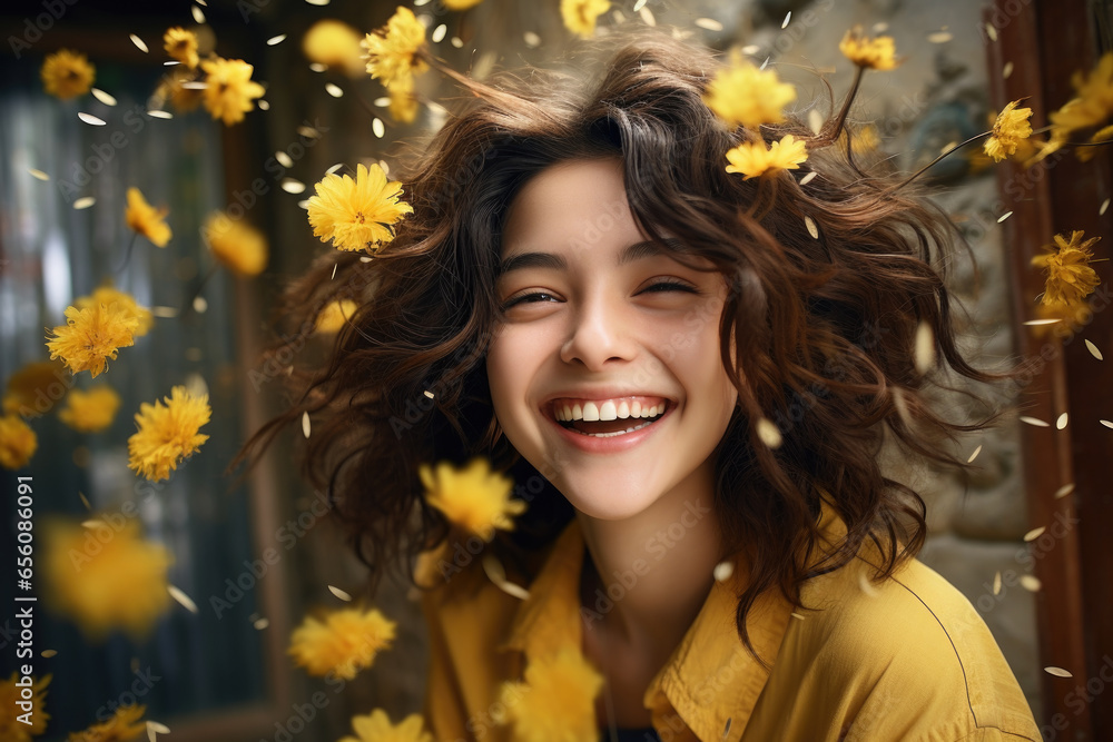 Woman is smiling while surrounded by beautiful yellow flowers. This picture can be used to represent happiness, joy, nature, beauty, or sunny day in garden. Woman is smiling while surrounded by beautiful yellow flowers. This picture can be used to represent happiness, joy, nature, beauty, or sunny day in garden.