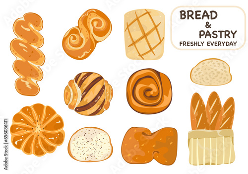 Set of bakery breads and pastries fresh daily. Delicious. Cartoon vector illustration isolated on a white background.