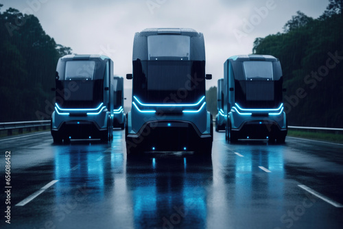 Group of three electric buses driving down road. Suitable for transportation, eco-friendly, and urban commuting concepts.