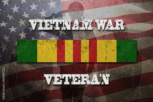 Silhouettes of soldiers saluting and Vietnam Campaign Ribbon with Vietnam War Veteran inscription. Vietnam Veterans Day. General commemoration in the Armed Forces. The service ribbon. Grunge style.