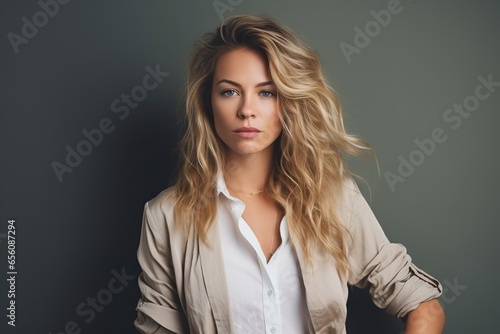 Portrait of a beautiful young woman with long curly blonde hair.