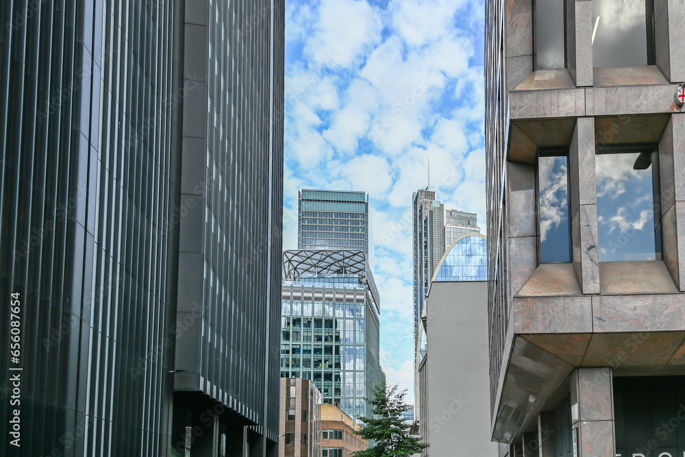 London, UK, 27 August 2023: A closeup to the Bishopsgate’s skyscrapers in London London, UK, 27 August 2023: A closeup to the Bishopsgate’s skyscrapers in London