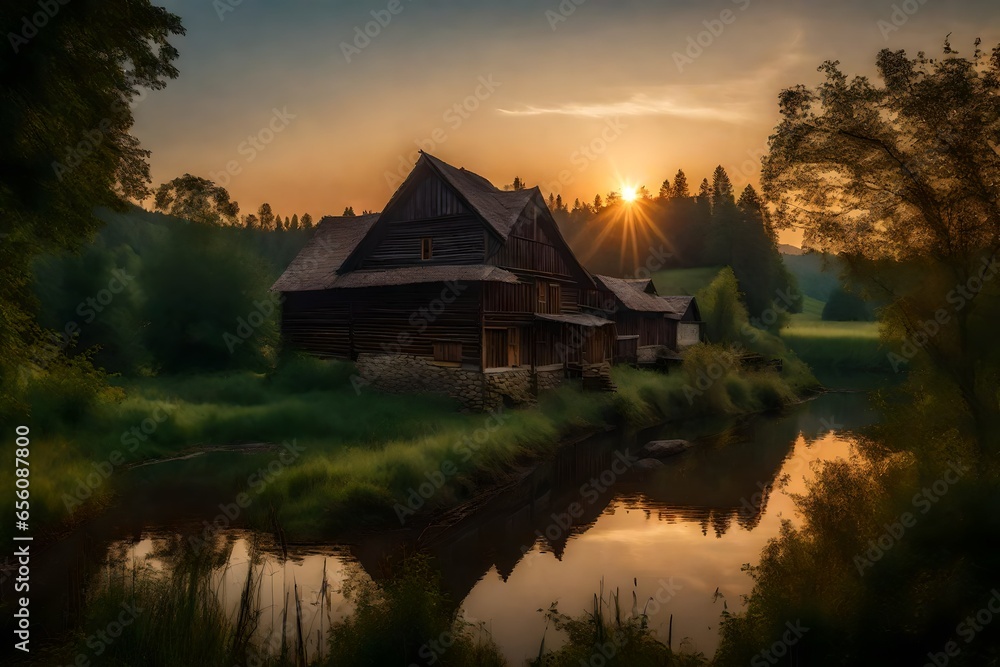 Village, old house, sunset, forest, river, nostalgia - AI Generative Village, old house, sunset, forest, river, nostalgia - AI Generative