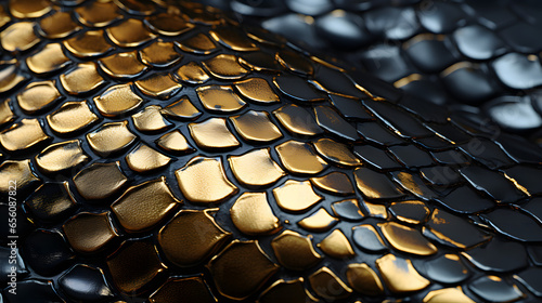 Animal reptilian background banner - Closeup of abstract gold black snake skin texture pattern 
 photo