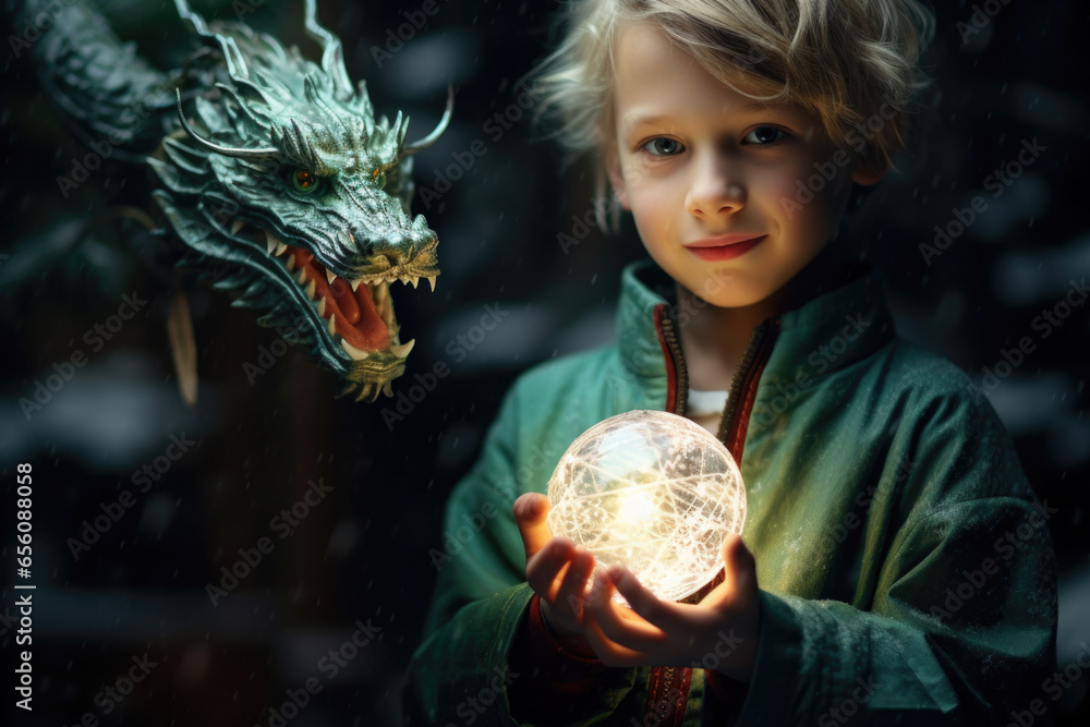 Naklejka premium Child with a magic light ball and green dragon in fantasy world.