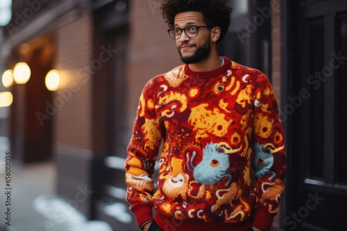 Handsome man wearing ugly Christmas sweater.