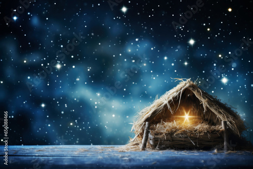 Wooden Stable at Dark Blue Starry Night, Abstract Defocused Background. Jesus Christ Birth Concept with Copy Space