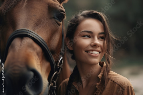 Beautiful brown-haired woman next to brown horse