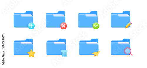 3d icon set of computer folder, file directory for app interface. Three dimensional vector illustration collection for website, print, banner, software, application: add, edit, delete, remove, search
