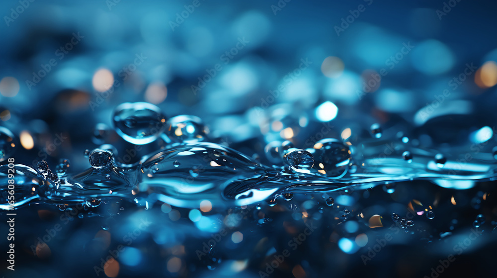 Dynamic deep blue background enhanced by sparkling water droplets and gradients. - obrazy, fototapety, plakaty 