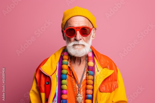 Portrait of a stylish senior hipster man with long white beard and mustache wearing bright colorful clothes and sunglasses on a pink background