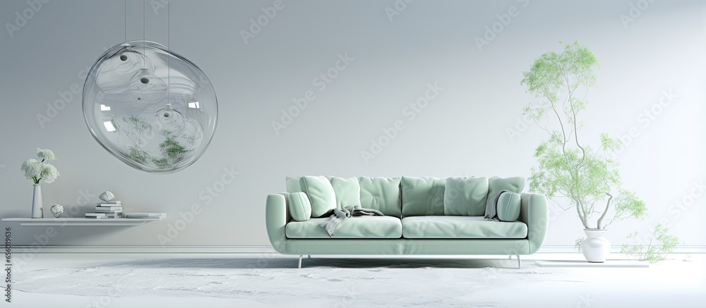 of a sofa and furniture in a weightless living room - obrazy, fototapety, plakaty 