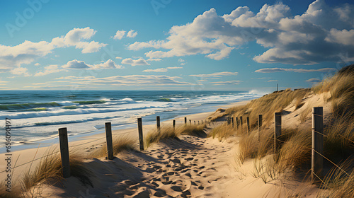 A path with many tracks, delimited by wooden posts on the sand dune with wild grass and beach in Noordwijk on the North Sea 
 photo